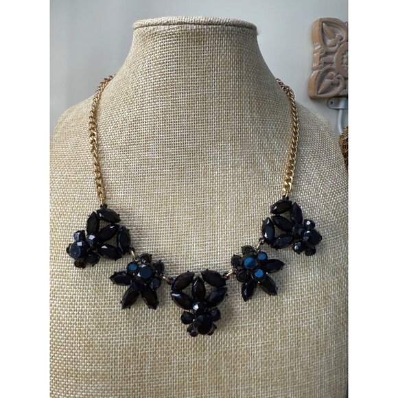 J. Crew Black Floral Statement Necklace Gold Chain Adjustable Length Modern - Picture 2 of 7